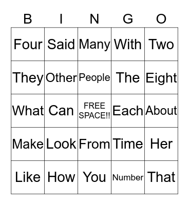 Sight Word Bingo!! Bingo Card