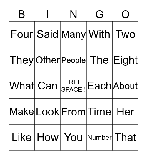 Sight Word Bingo!! Bingo Card