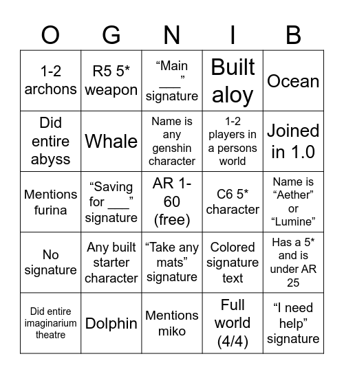Genshin coop Bingo Card