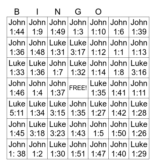 Quote JOHN CHAPTER 1. 1-14 & 35-51 Bingo Card