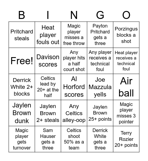 Celtics Bingo Card