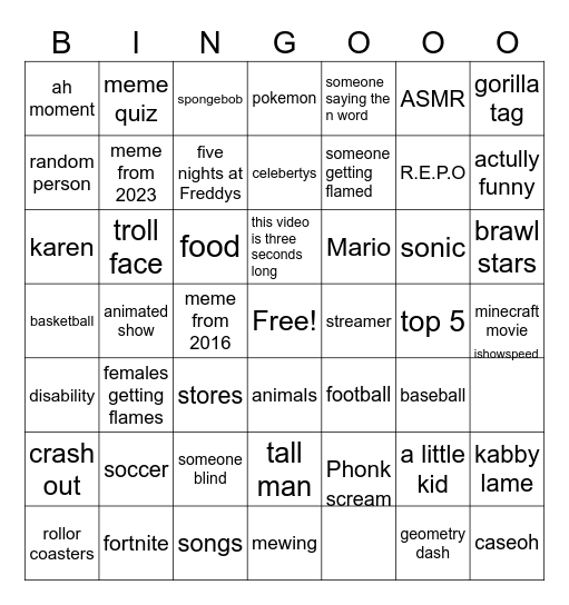 yt shorts bingo Card