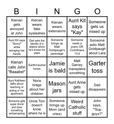 John and Kienan's Wedding Bingo Card