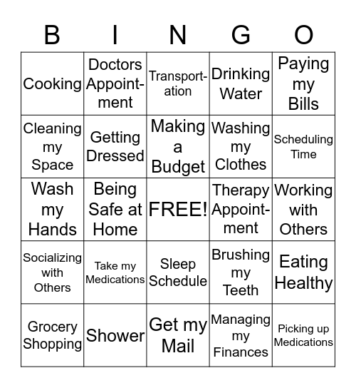 Daily Living Skills Bingo Card