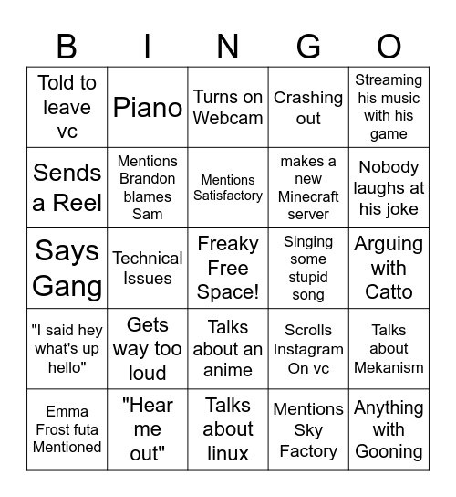 The Ratfucker Bingo Card