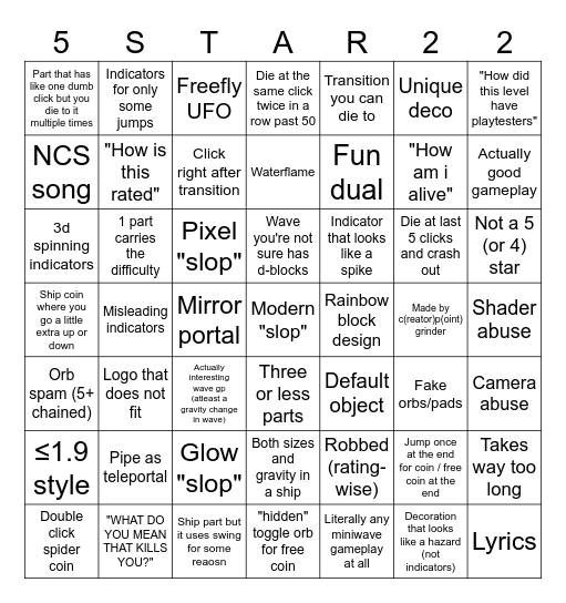 5 Star(grinding) Bingo Card