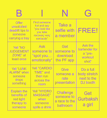 Planet Fitness Bingo Card