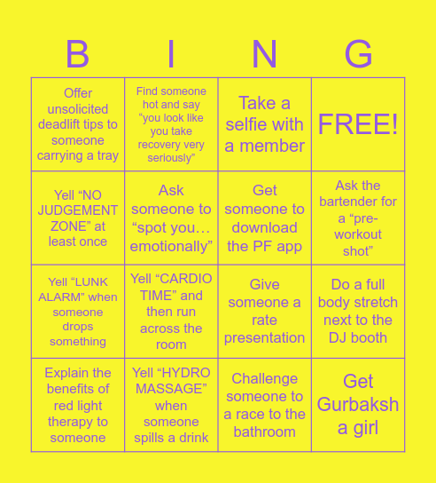 Planet Fitness Bingo Card