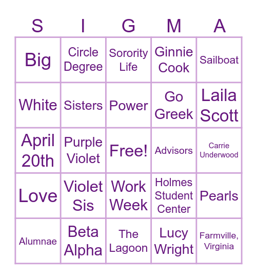 Tri Sigma Bingo Card