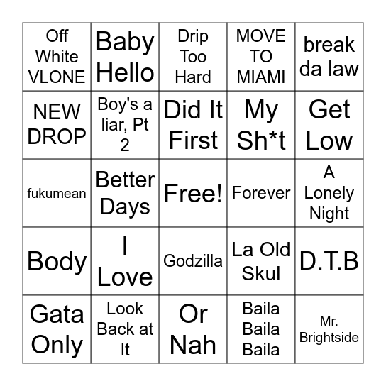 J-Money's Hits Bingo Card