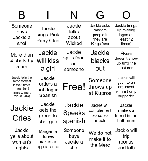Jackie's 30th Birthday! Bingo Card