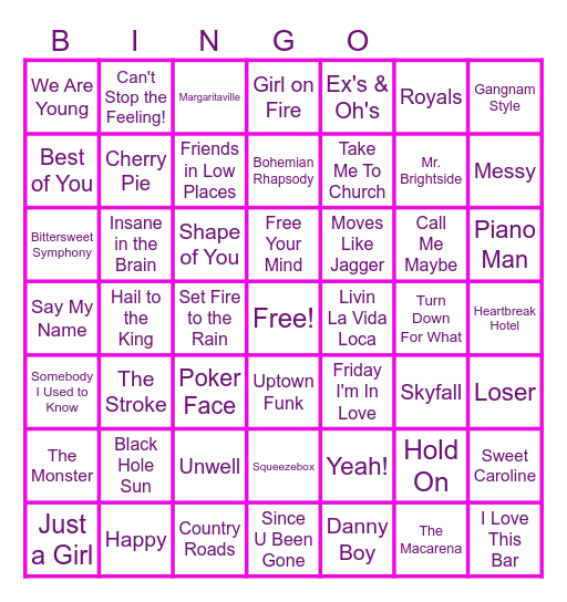 MUSIC BINGO at the Ann Arbor Eagles!  Songs since 2004 for Lidia's Birthdayyyyy!!! Bingo Card