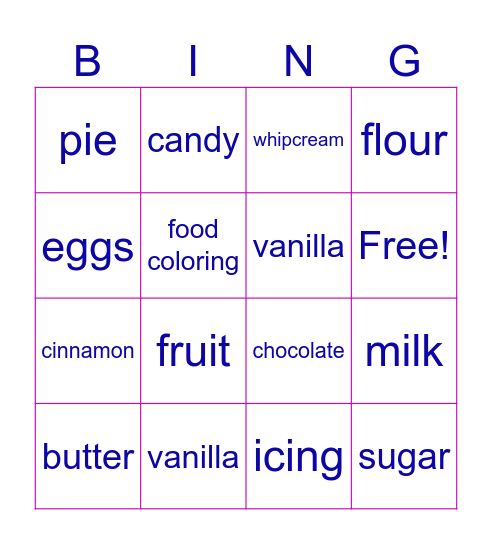 Junior Teen Cultural Dessert Bingo Card