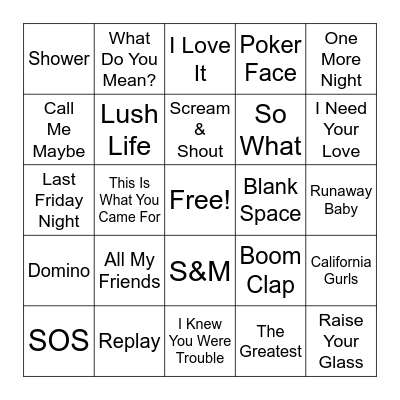 White Girl Music Bingo Card