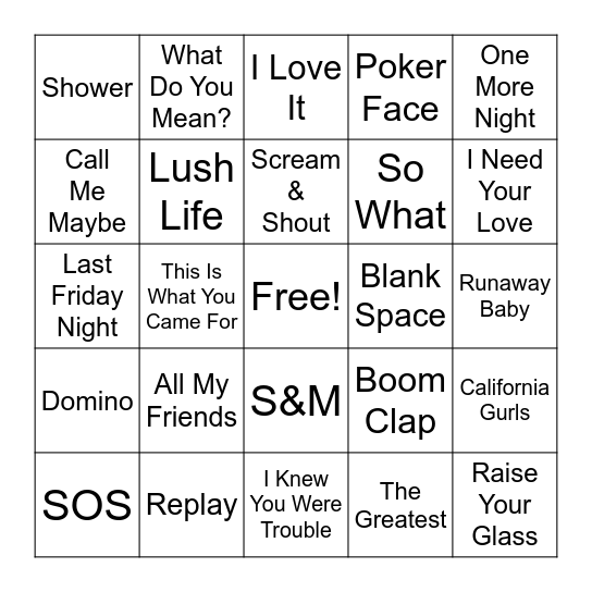 White Girl Music Bingo Card