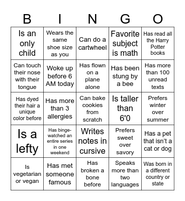 PAVA Ice Breaker Binger Bingo Card