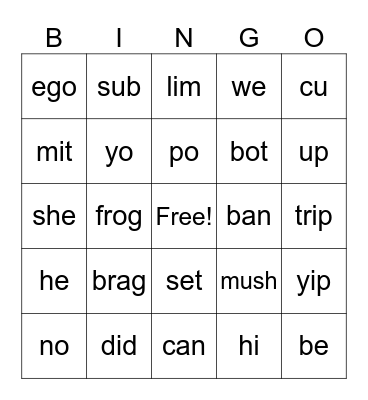 Open and Closed Syllables Bingo Card