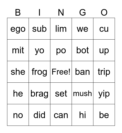 Open and Closed Syllables Bingo Card