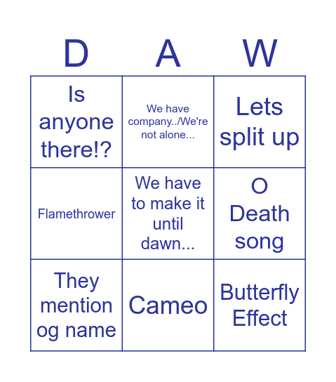 Until Dawn Movie Bingo Card
