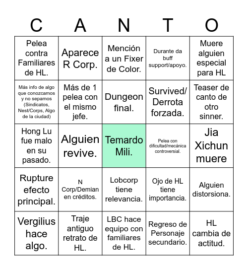 Bingo Canto 8 Bingo Card