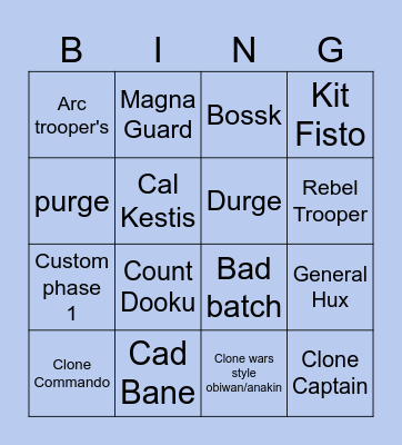 Star wars FN BIngo list Bingo Card