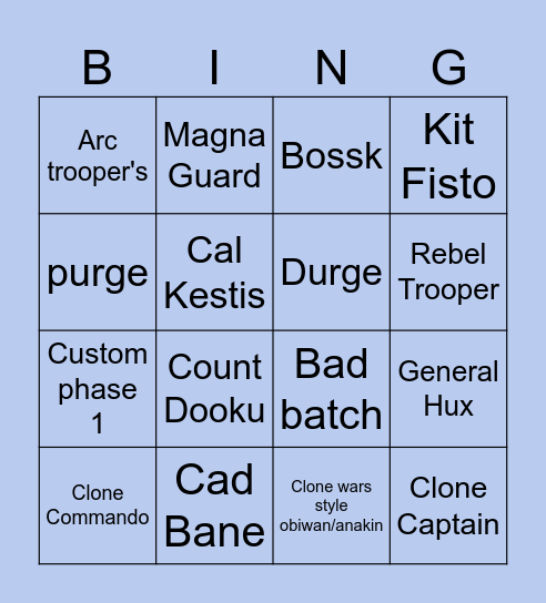 Star wars FN BIngo list Bingo Card