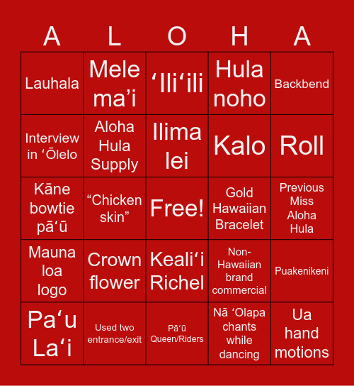 Merrie Monarch - Kahiko Night Bingo Card