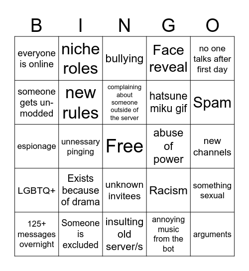 New server bingo card Bingo Card