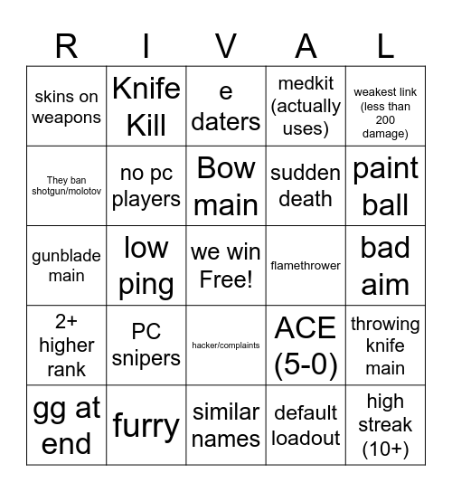 Rivals Bingo Card