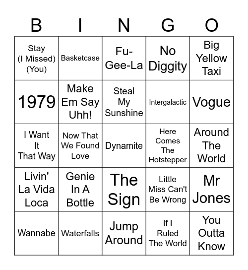 90's Songs - Card 2 Bingo Card