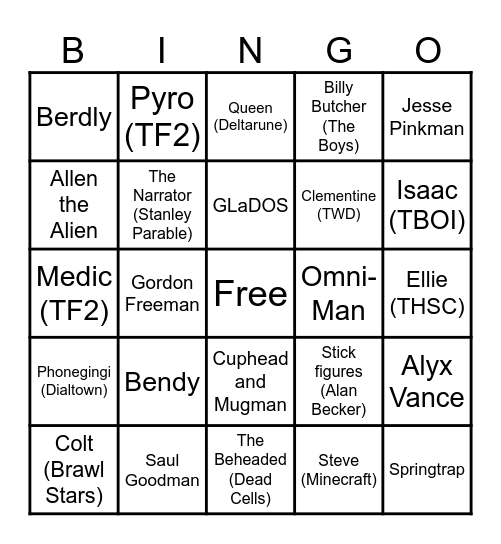 FlamingPaxTSC favorite characters bingo Card