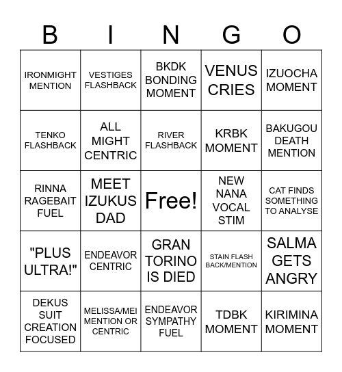 MHA ONE SHOT BINGO Card