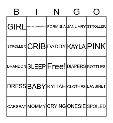KAYLA BABY SHOWER BINGO Card