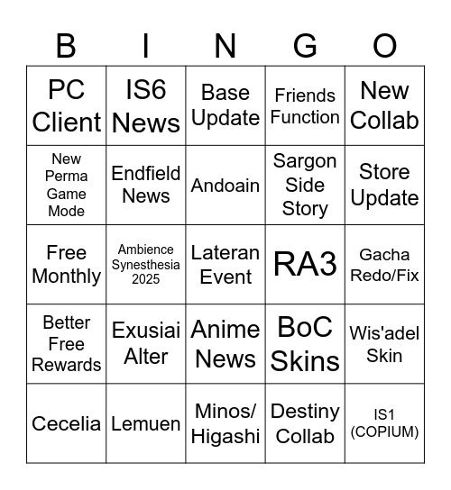Arknights 6th Anniversary Bingo Card