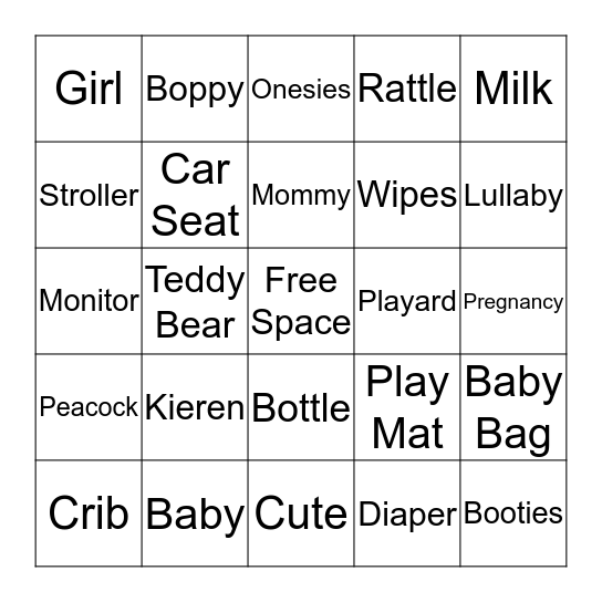 Kieren's Baby Shower Bingo Card