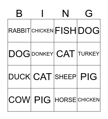 Animals Bingo Card