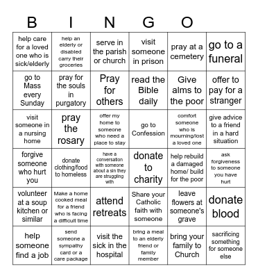 Spiritual and Corporal Works of Mercy Bingo Card