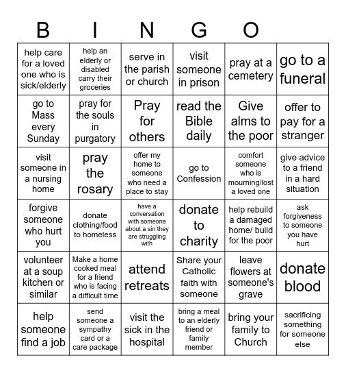 Spiritual and Corporal Works of Mercy Bingo Card