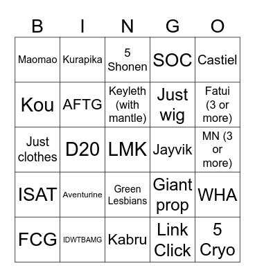 Cosplay Bingo Card