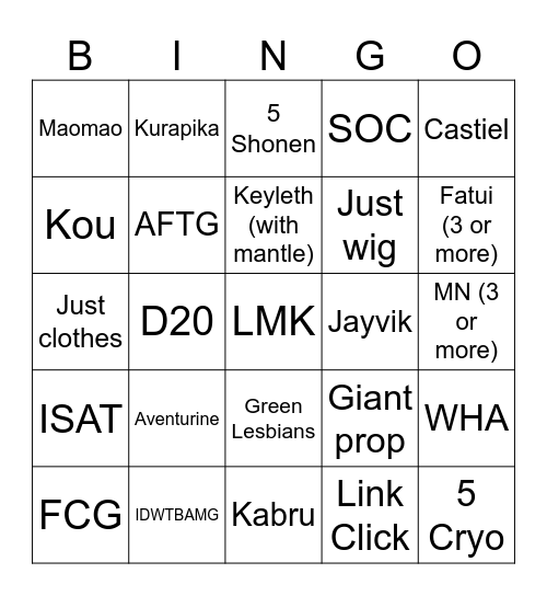 Cosplay Bingo Card