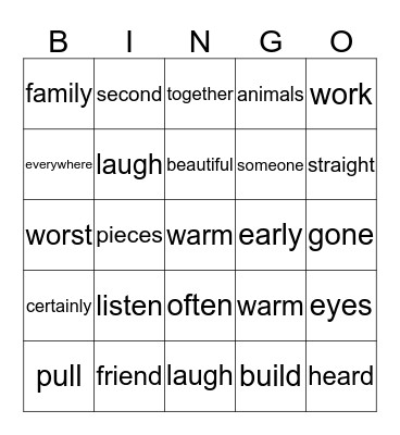 High Frequency Word Bingo Card