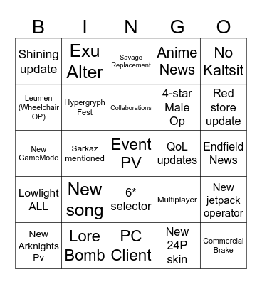 6 anniversary arknights Bingo Card