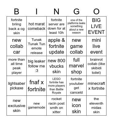 Fortnite BINGO Card