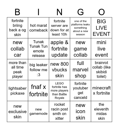Fortnite BINGO Card