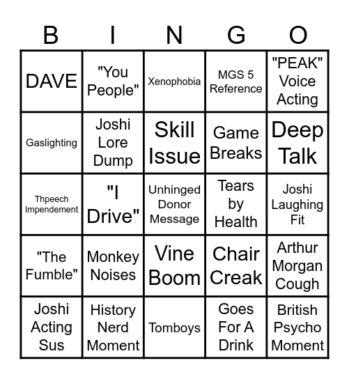 Joshi Stream Bingo Card