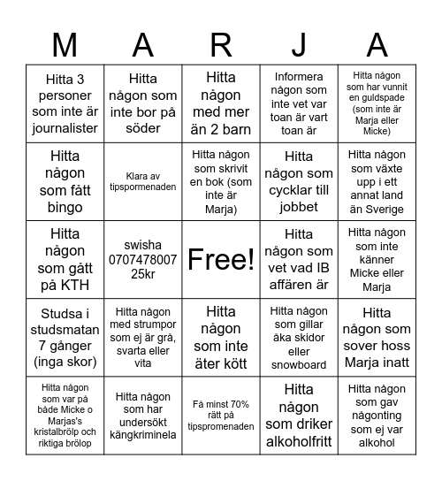 Marjas 50 års fest bingo Card