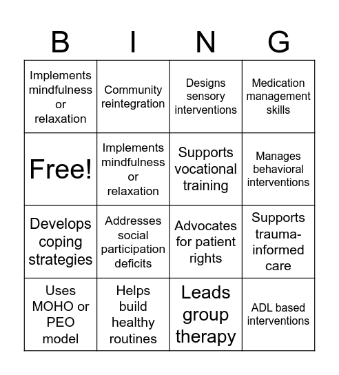 OT's role in State Hospital's Bingo Card