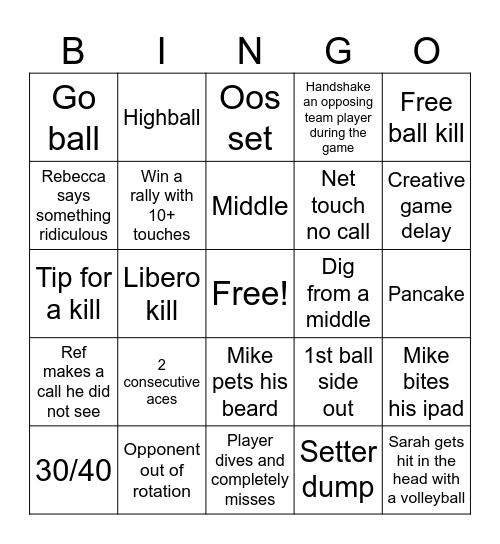 Volleyball Bingo Card