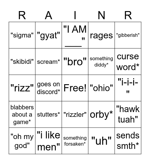 Rain Bingo Card