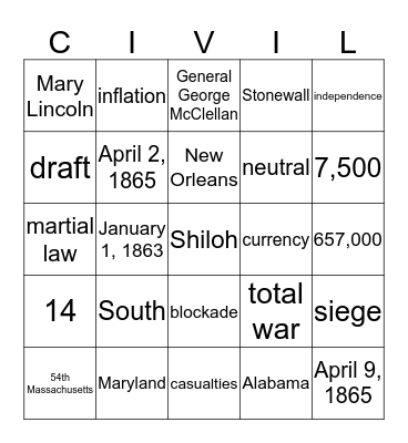 CIVIL WAR BINGO Card